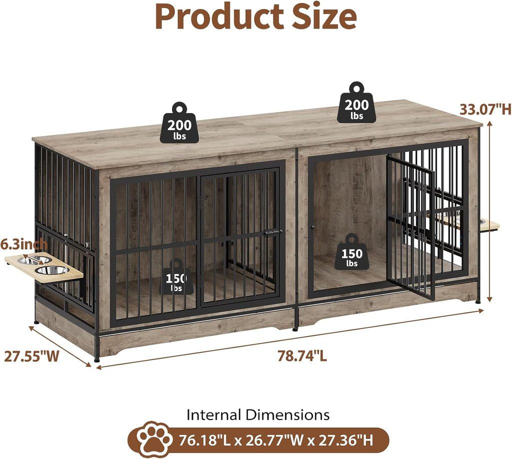 78 Double Dog Crate Furniture for 2 Large Dogs Indoor, Wooden Furniture Dog Crates with Dog Bowl, Dog Kennel