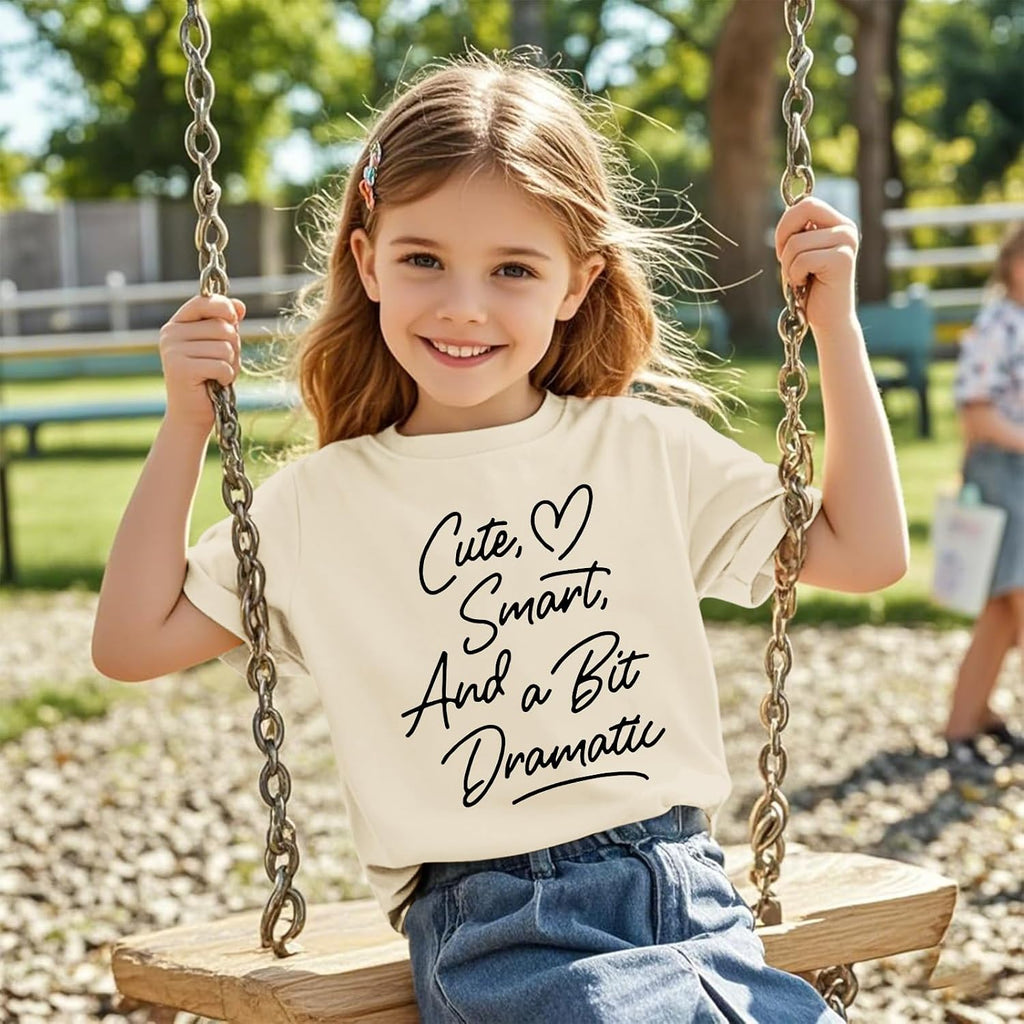 Girls Graphic Tees Cute Preppy Funny T Shirt A Little Bit Dramatic Shirt Kids Letter Print Summer Short Sleeve Tops