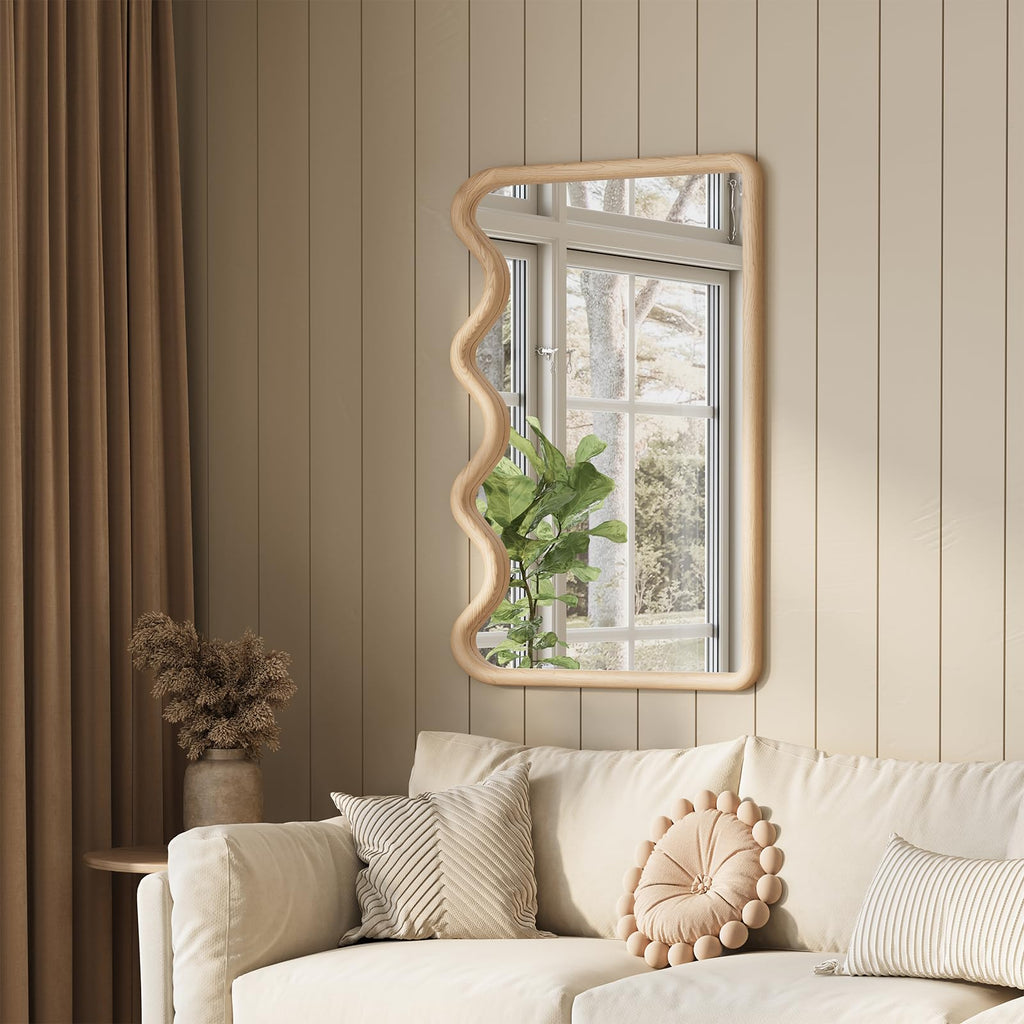 Wavy Mirror for Wall, 24x36 Inch Wood Frame, Natural