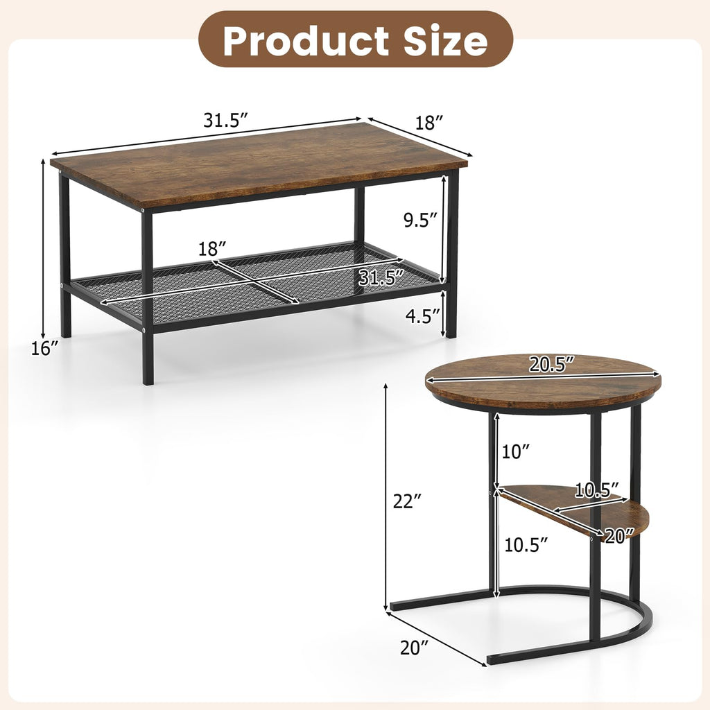 Nesting Coffee Set of 2, Detachable Rectangular & Round Set w/Wood Grain, Sturdy Golden Metal Frame, Modern Stacking