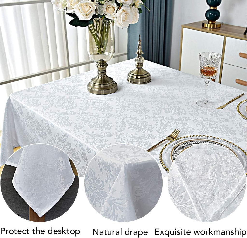 Rectangle Table Cloth - 60 x 120 Inch White Jacquard Tablecloths Damask Design Spillproof Wrinkle Re