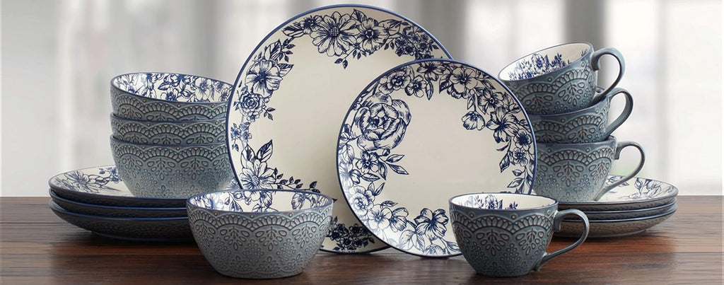 Gabriela Blue 16-Piece Dinnerware Set, Service for 4, Durable Stoneware Plates, Bowls