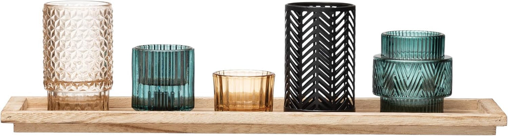 5-Piece Embossed Glass and Metal Tealight Candle Holders in a Wood Tray, Multicolor