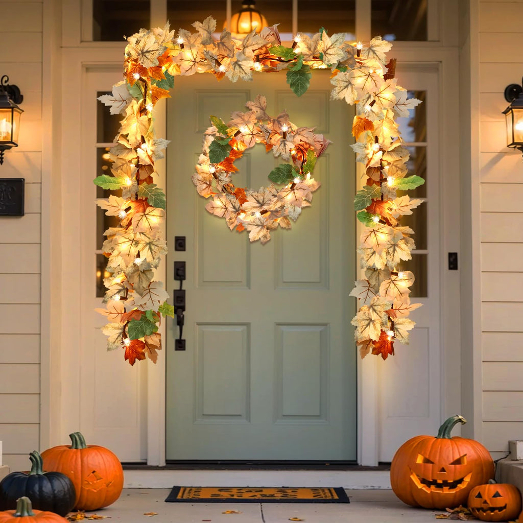 Fall Decorations Lighted Fall Garland, 9FT 50 Count Incandescent Lights Brown Wire UL Certified Connectable Maple