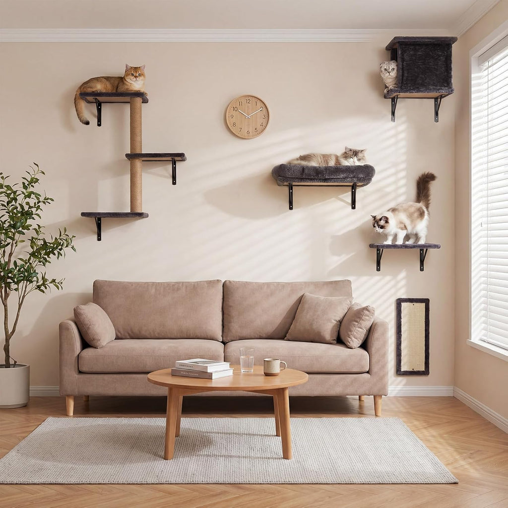 5-in-1 Cat Wall Shelves for Large Cats, Floating Climber with Scratcher