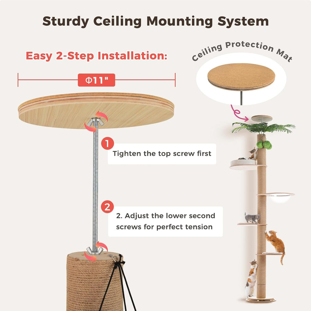 Floor to Ceiling Cat Tree Height (96.5-120.2 Inch) Adjustable, 5 Tier Wood Cat Tower with Thickened Full Sisal