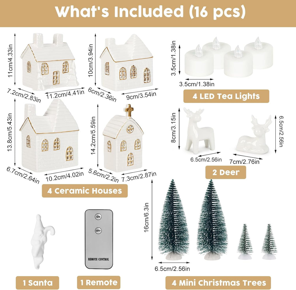 Christmas Village Set, 16-Piece Ceramic Light Up Houses and Pine Trees