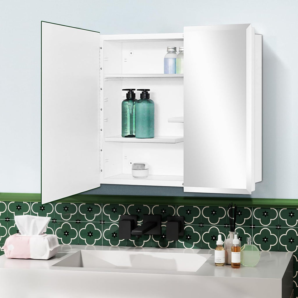 White Metal Double Door Medicine Cabinet 30 x 24 Beveled Mirror, Wall Mount | Double Door Metal Mirror Cabinet with