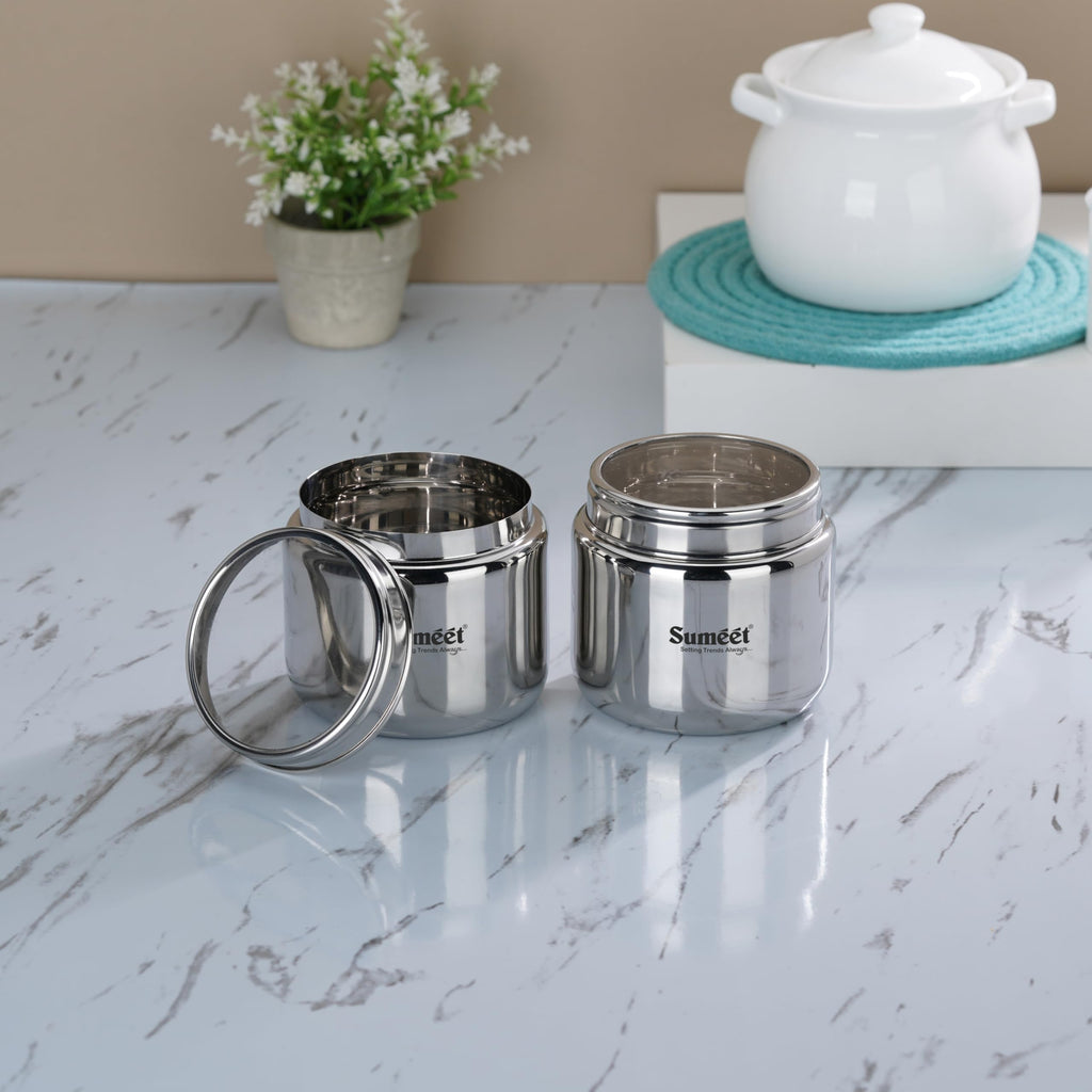 Silver Beni Shape Stainless Steel Canisters/Dabba/Storage Containers with See Through Lid, Set of 2 Pcs, 1.45L Each