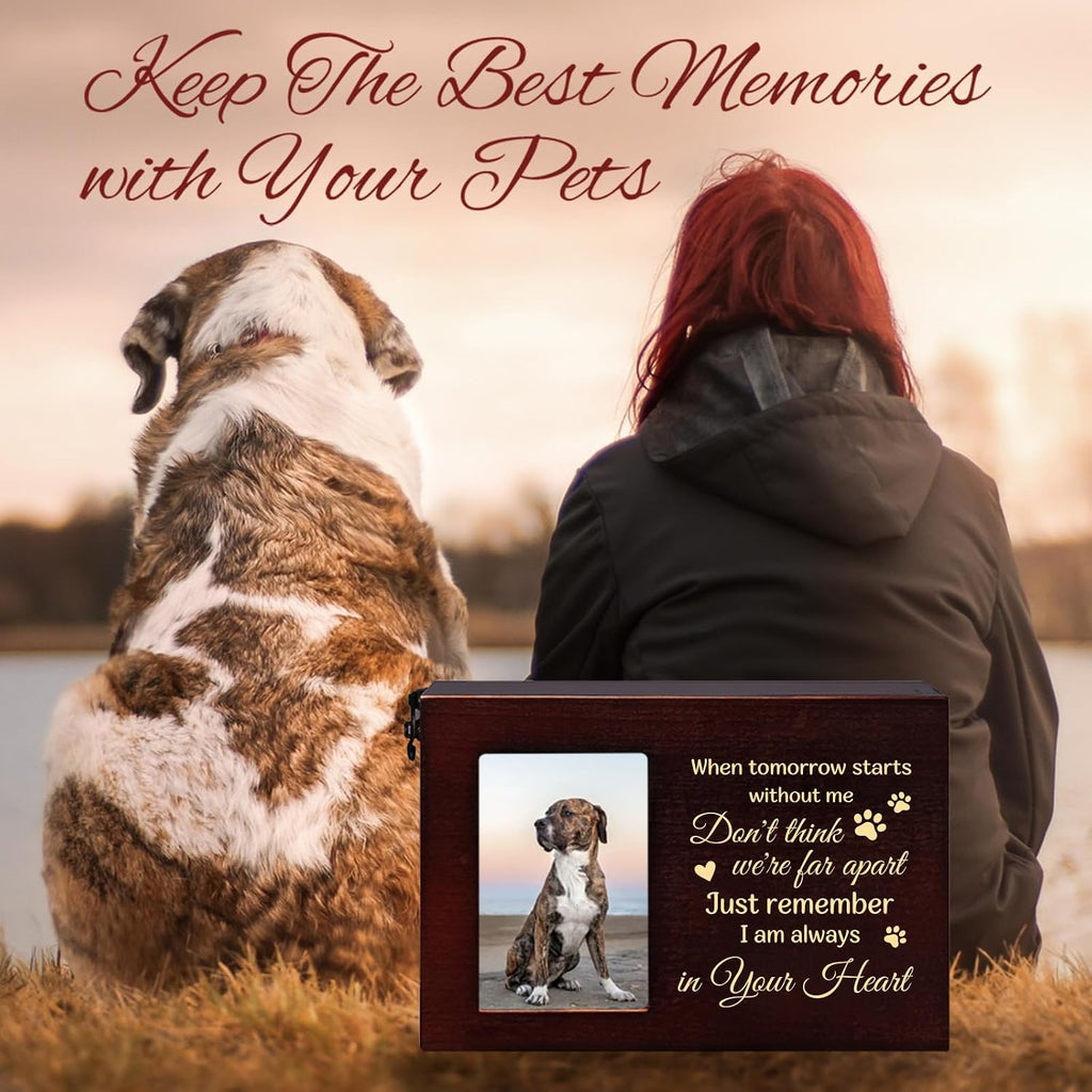 Pet Urns for Dog or Cat Ashes, Wooden Dog Urn for Ashes Memorial Keepsake Box with Photo Frame, Large Pet Cremation