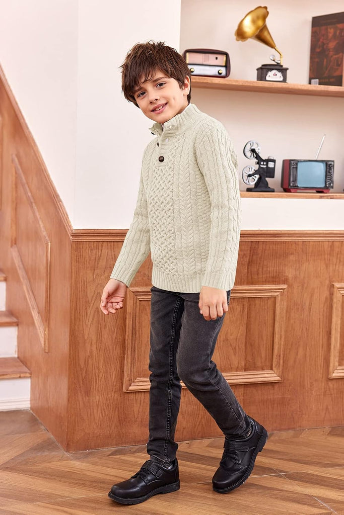 Boys Mock Neck Pullover Sweater Button Cable Knit Jumper