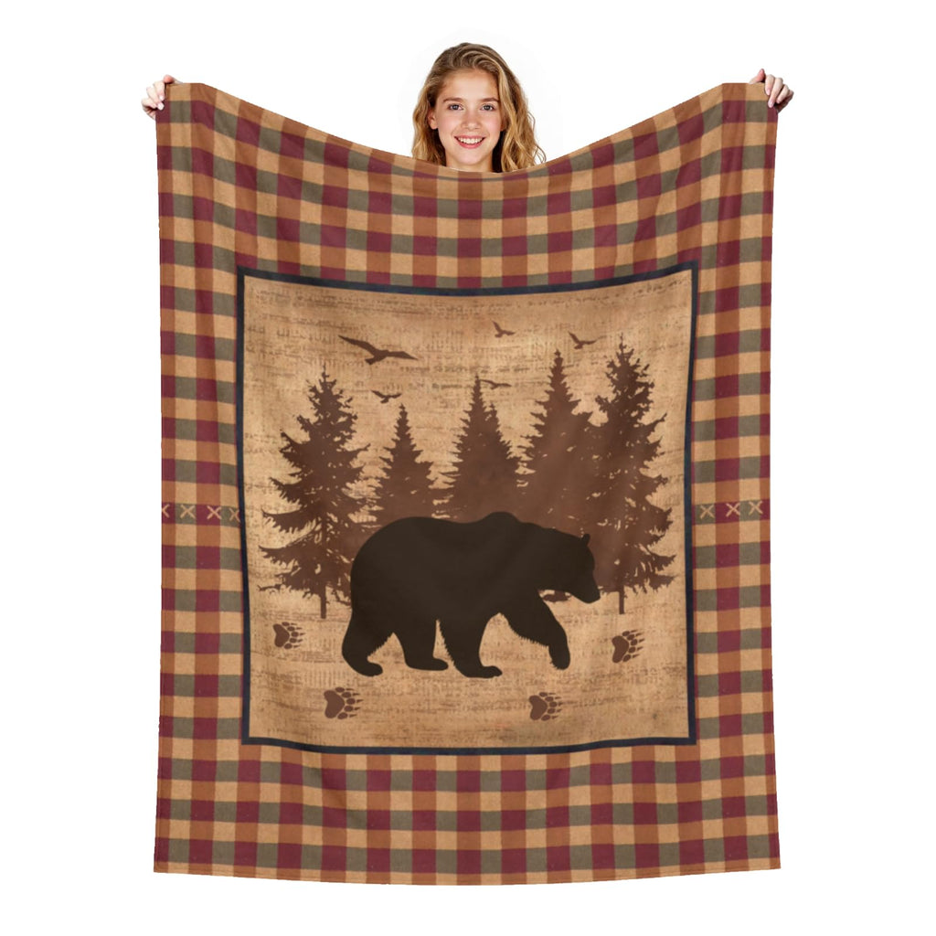 Bear Flannel Fleece Blanket, Wild Animal Forest Bed Blanket Red Green Buffalo Plaid Decorative Vintage Cabin Soft Cozy