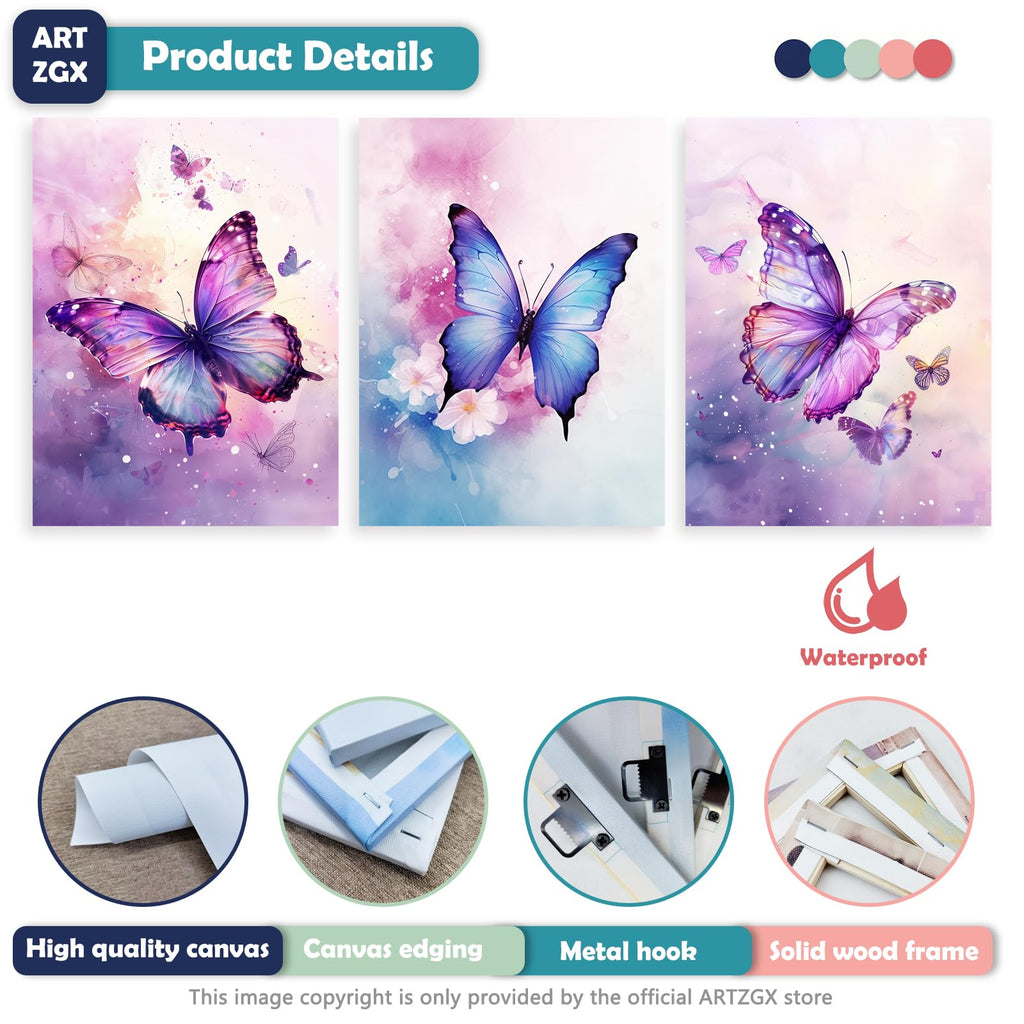 3 Piece Purple Butterfly Canvas Wall Art Butterfly Pictures Wall Decor Watercolor Painting for Girls Room Decor