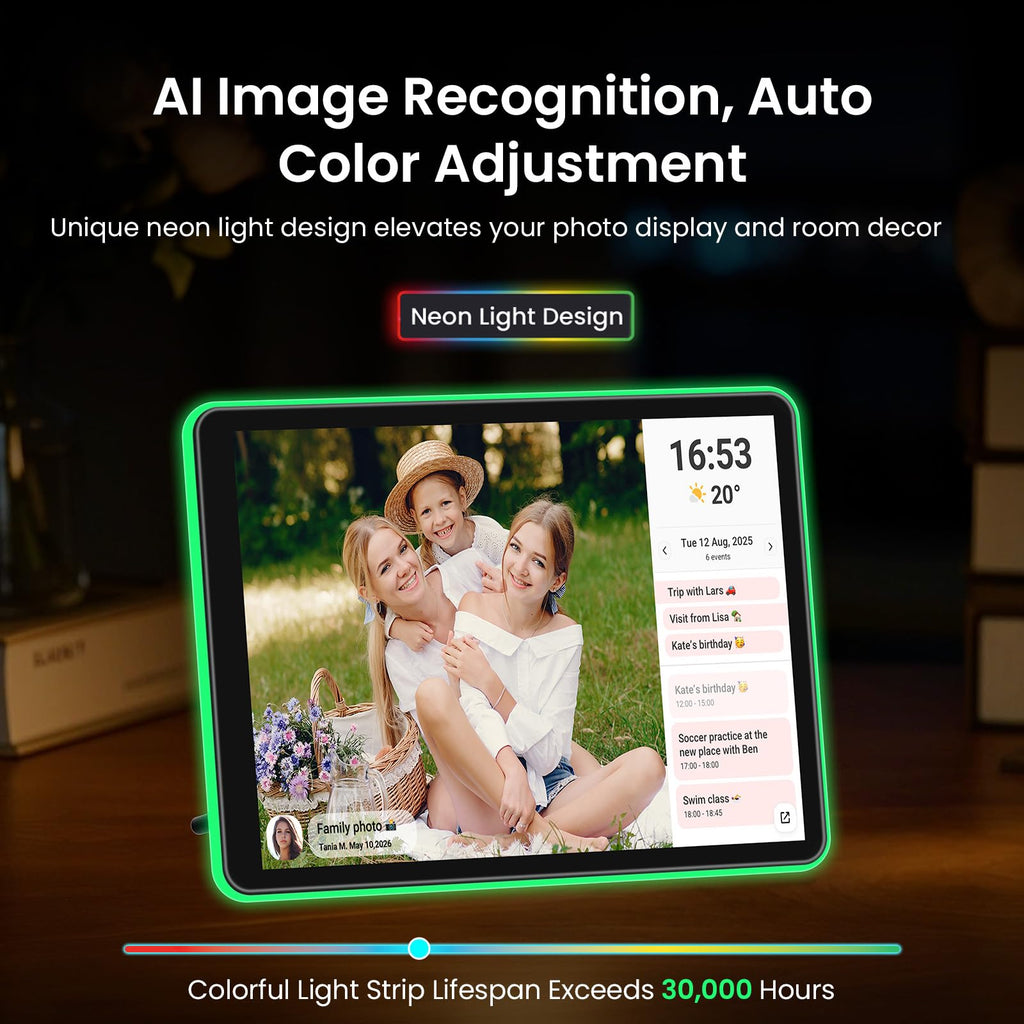 10" Neon Light Digital Picture Frame, Desk Digital Calendar, Auto-synced Schedule via Frameo App - 2K IPS Touchscreen