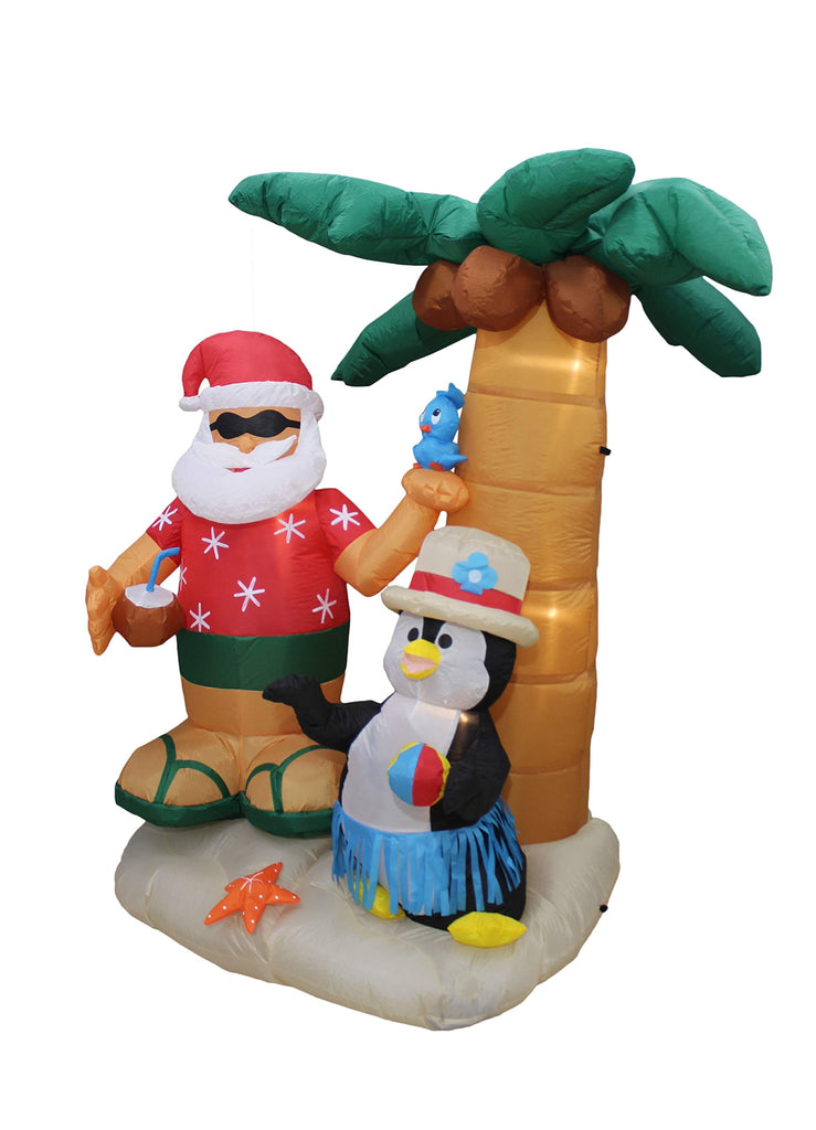 7 Foot Inflatable Santa Claus & Penguin on an Island w/ Palm Tree