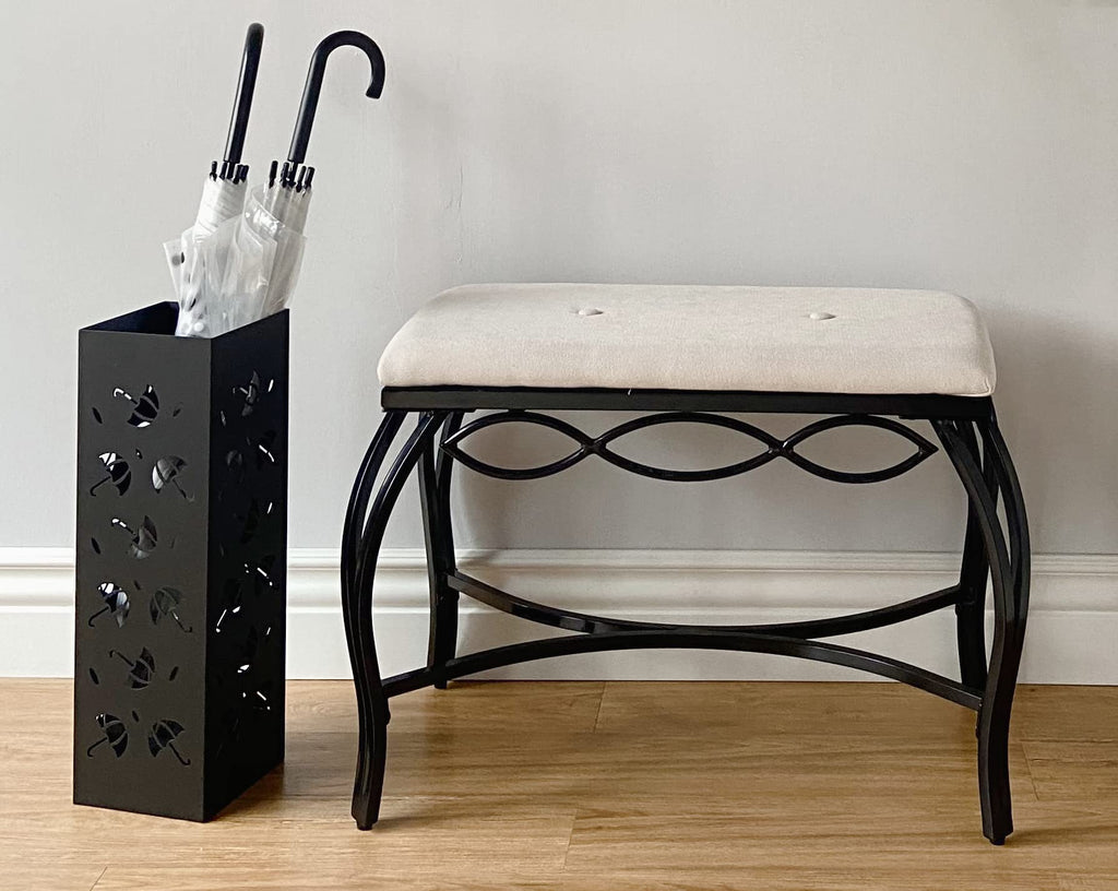 White Shoe Bench - Vanity Seat for Makeup Room, Dressing Stool, Entryway Bench - Powder Coated, Upholstered, Space
