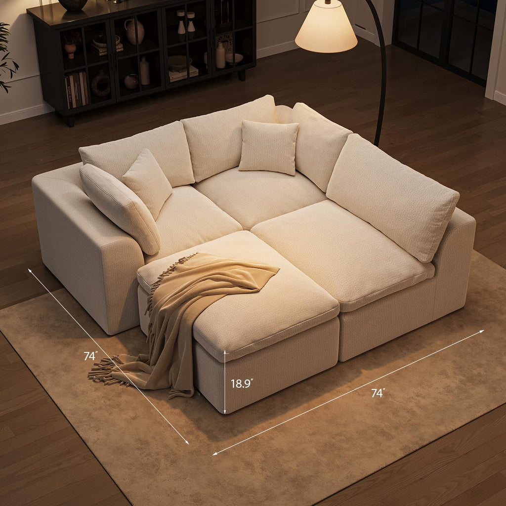 Cloud Sectional Couches | 108 Inch L-Shaped Boneless Couch with Ottoman | Modular Sectionals Sofa Couch Ivory White