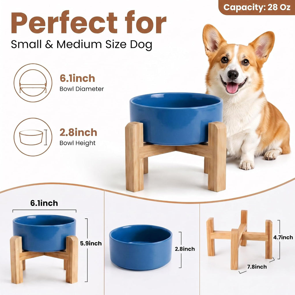 Elevated Ceramic Dog Bowl with Bamboo Stand, Raised Pet Feeding Station for Small Medium Dogs Cats, Modern Design