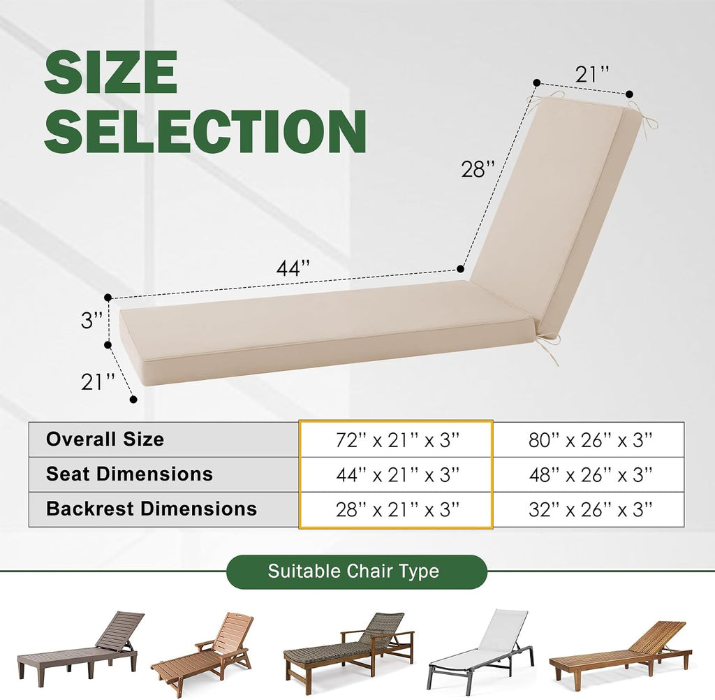 Chaise Lounge Cushions Outdoor, 72x 21x 3 Inch Waterproof & Fade-Resistant Lounge Chair Cushion, Outdoor Chaise