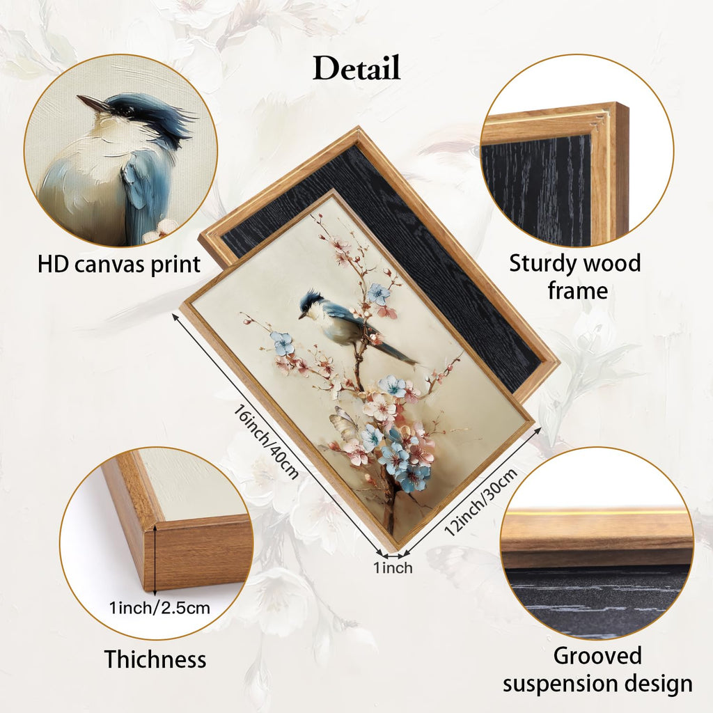 Bird and Blossom Framed Canvas Wall Art Set Of 3, Vintage Floral Wall Decor, Retro Nature Avian Floral Wall Painting