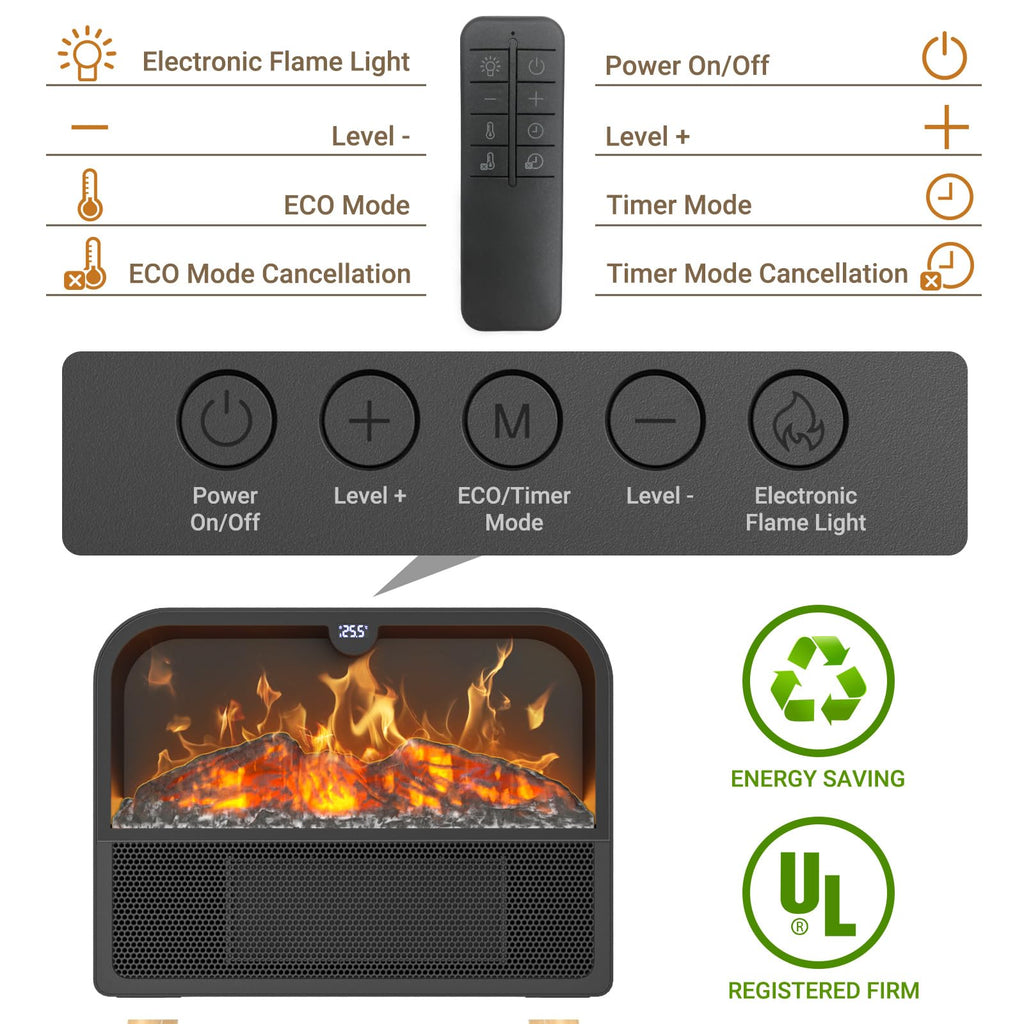 Electric Fireplace Heater, Ultra-Thin Electric Fireplace Stove with Realistic Flame & Solid Wood Stand, 17" Portable