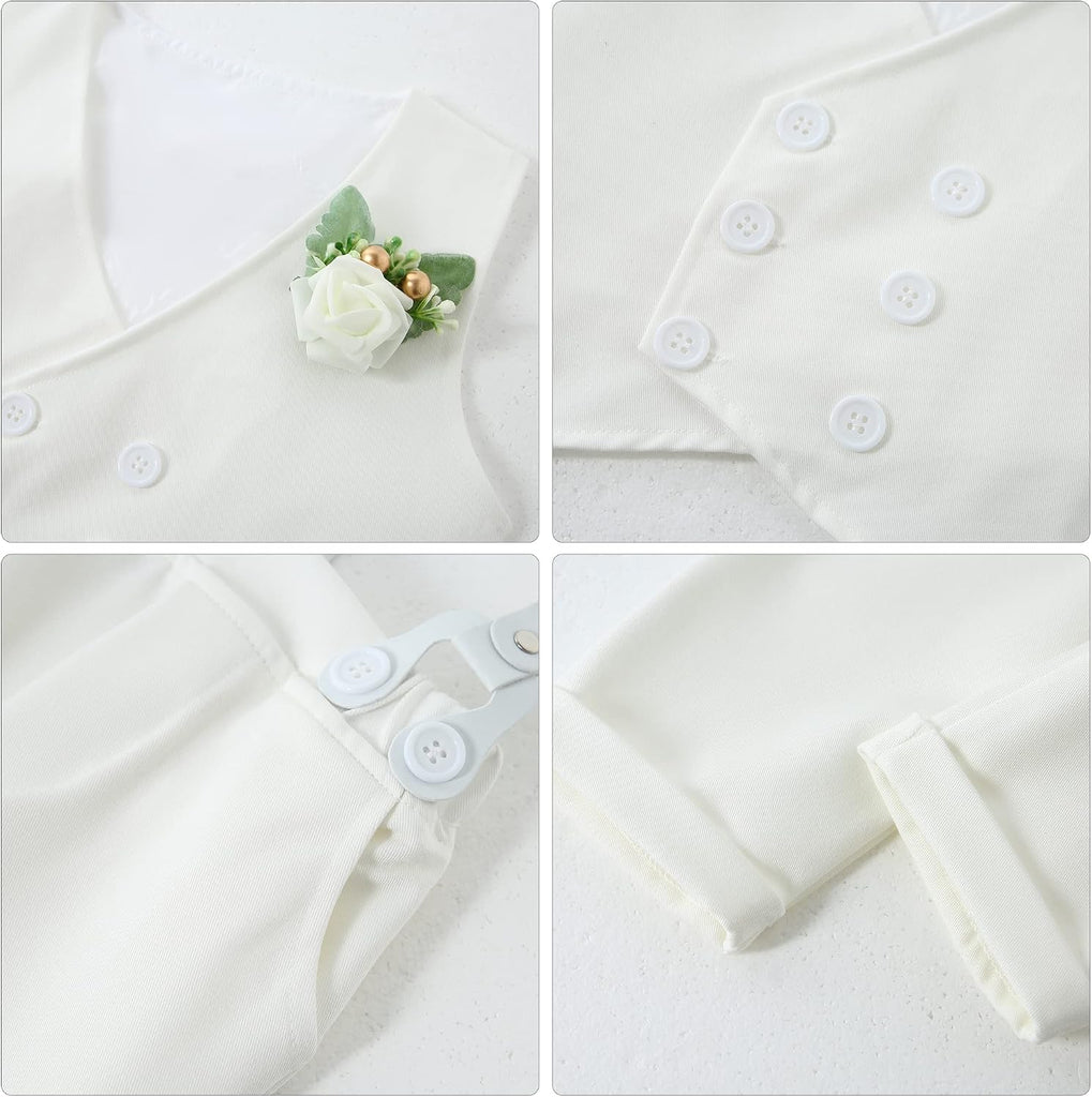 Toddler Baby Boy Clothes Suit Gentleman Wedding Outfits, Formal Dress Shirt+Bowtie+Vest+Boutonniere+Suspender Pants