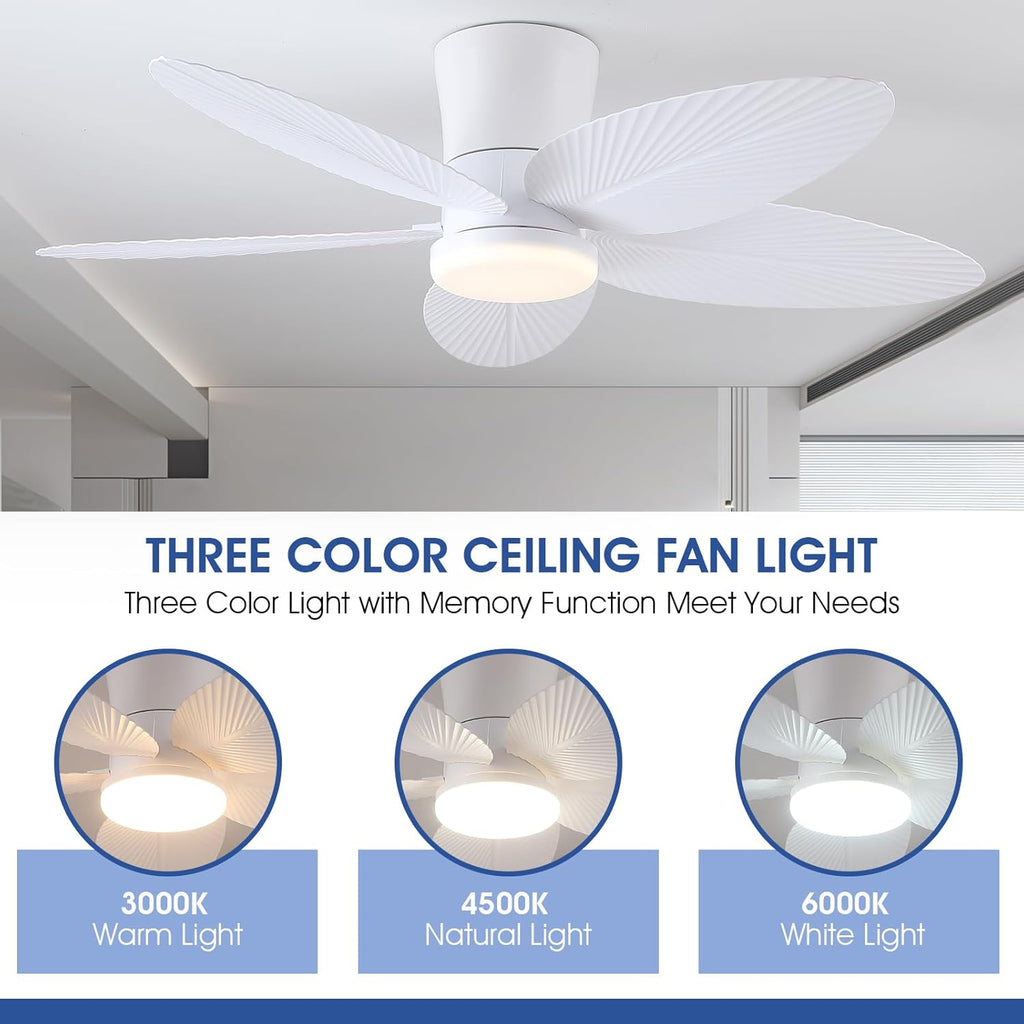Palm Leaf Ceiling Fans with Lights-42 Tropical Ceiling Fan with Light and Remote/APP Control,Flush Mount Low Profile White Ceiling Fans for Bedroom,Indoor/Outdoor Patio Use A101-B0DLVT767B
