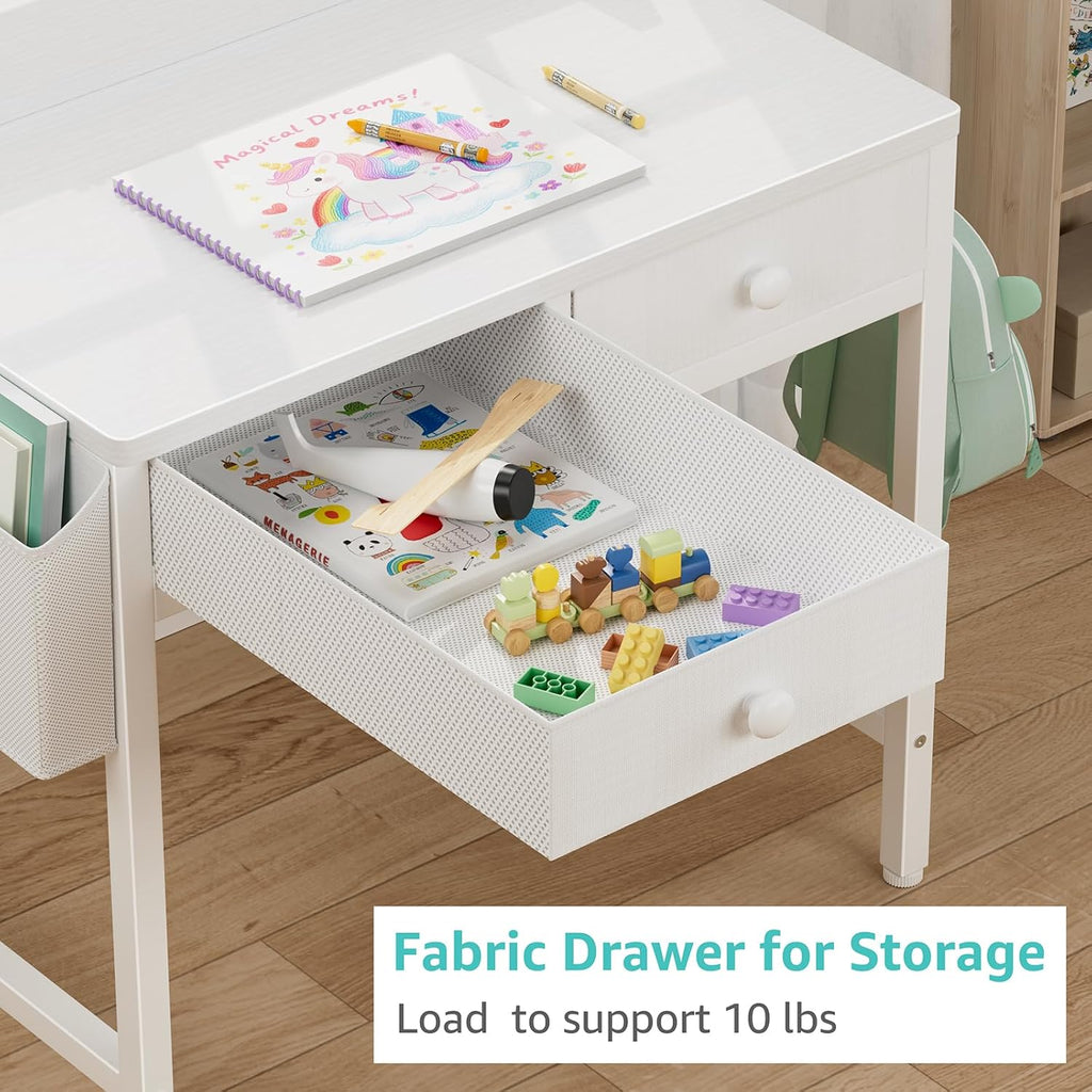 White Kids Desk and Chair Set for 5-8 Year Old, Small Child Desk with Fabric Drawer, Children Study Table