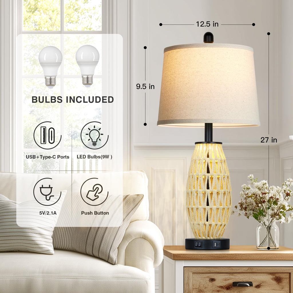 27" Beige Boho Rattan Table Lamps with Night Light, Natural Bedroom Lamps Set of 2 with USB A+C Charging Ports