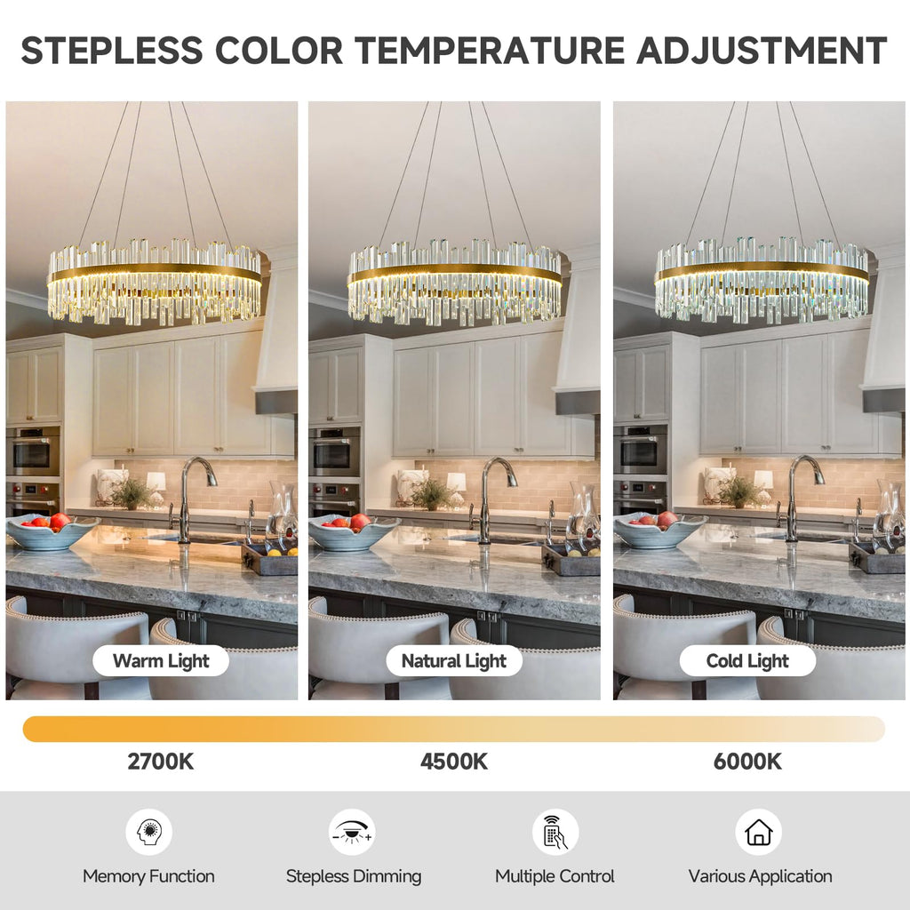Gold Led Modern Crystal Chandelier, Round Large Dining Room Light Fixture
