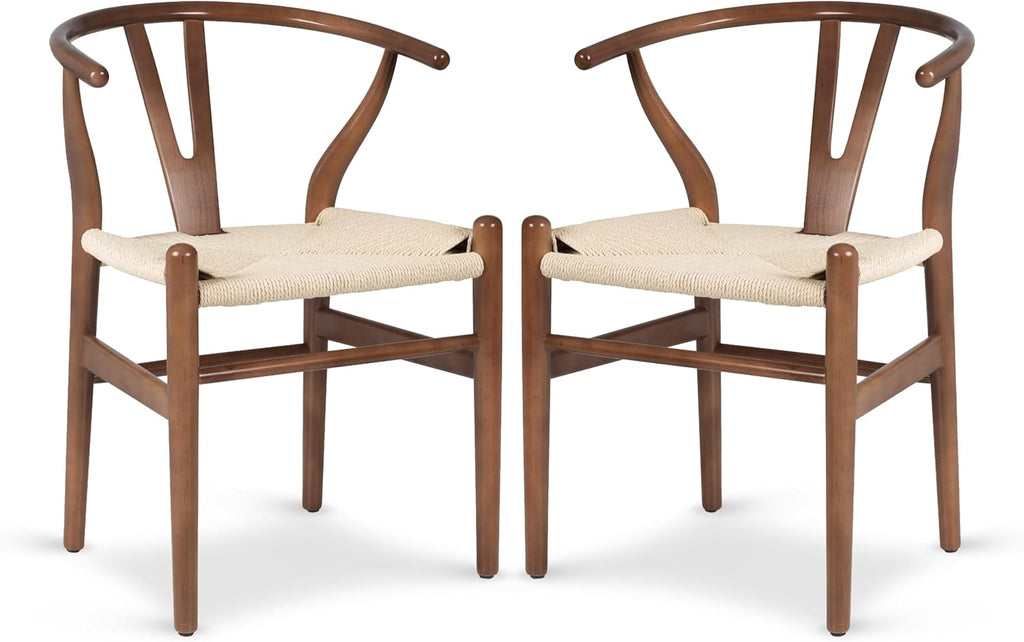Weave Dining Chairs - Mid-Century Modern Wishbone Dining Chairs with Arms, Solid Wood Frame, Indoor Use - Walnut- Set