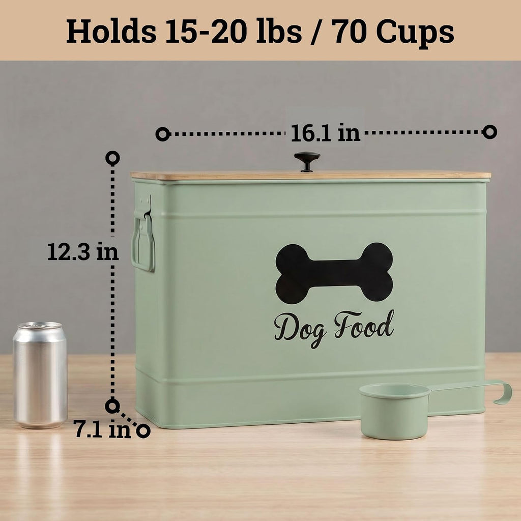 Metal Dog Food Container 15-20 lbs w/ Airtight Bamboo Lid, 70 Cup Capacity
