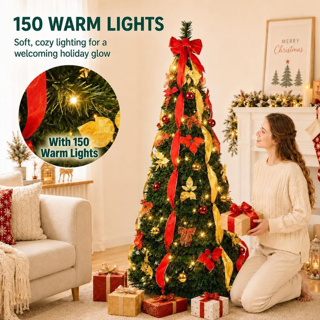 7.5Ft Prelit Pop Up Christmas Tree Decoration, Collapsible Artificial Xmas Tree with 200 Warm Lights, Pre Decorated