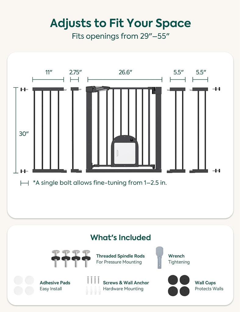 Extra Wide Dog Gate with Small Cat Door, CatPrivilege III, 29-55"