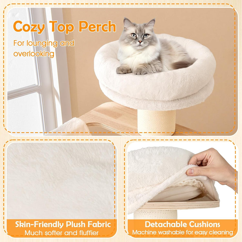 69" Tall Cat Tree, Multi-Layer Wood Cat Tower with Scratching Posts, Perch, Condo, Space Capsule, Hammock, Washable
