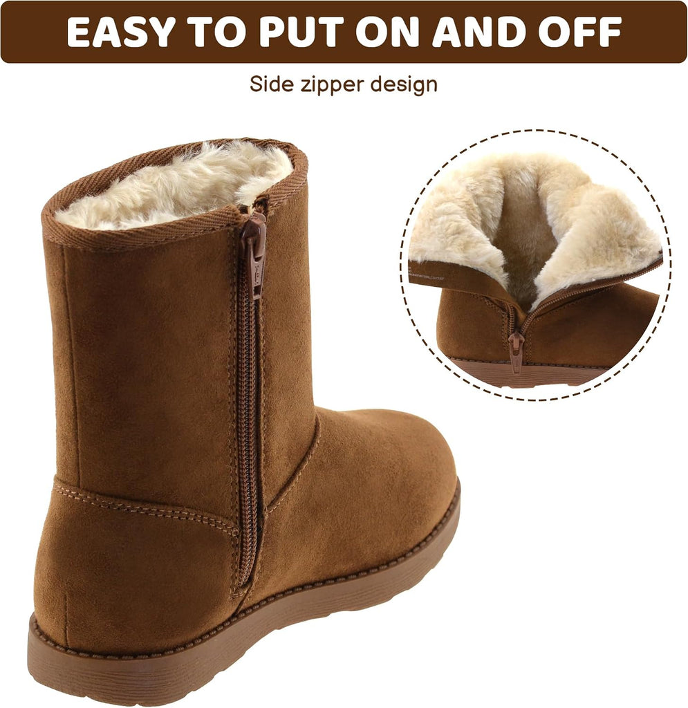 Girls Warm Winter Snow Boots for Little/Big Kids Fuzzy Faux Fur Lining Bootie Shoes with Zipper
