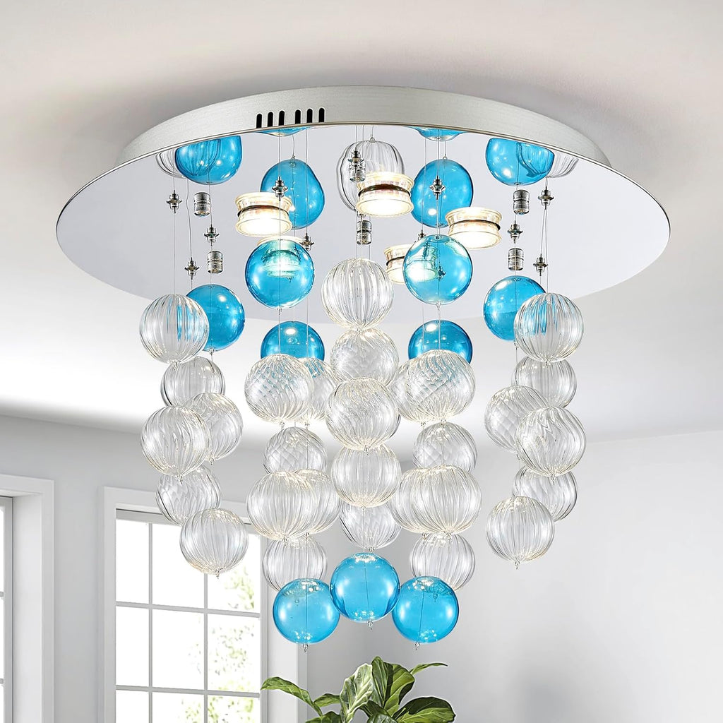 Bubble Chandeliers, Modern Design Lighting Fixture, Perfect for Living Space, D19 x H17, 5 x GU10 Sockets, White & Blue Bubble Lampshade & Chrome Finish Metal Frame A100-B0DQLB92BT