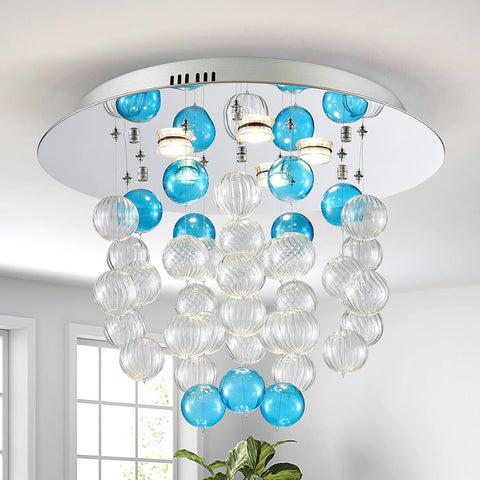 Bubble Chandeliers, Modern Design Lighting Fixture, Perfect for Living Space, D19 x H17, 5 x GU10 Sockets, White & Blue Bubble Lampshade & Chrome Finish Metal Frame A100-B0DQLB92BT