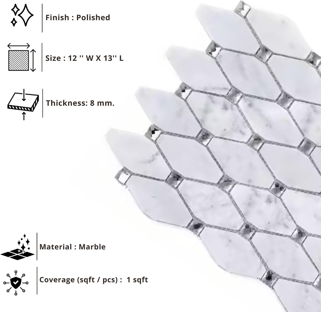 Premium Carrara Diamond Insert Decorative Marble Mosaic Sheet Kitchen Backsplash Wall and Floor, Spa, Pool (Box of 5