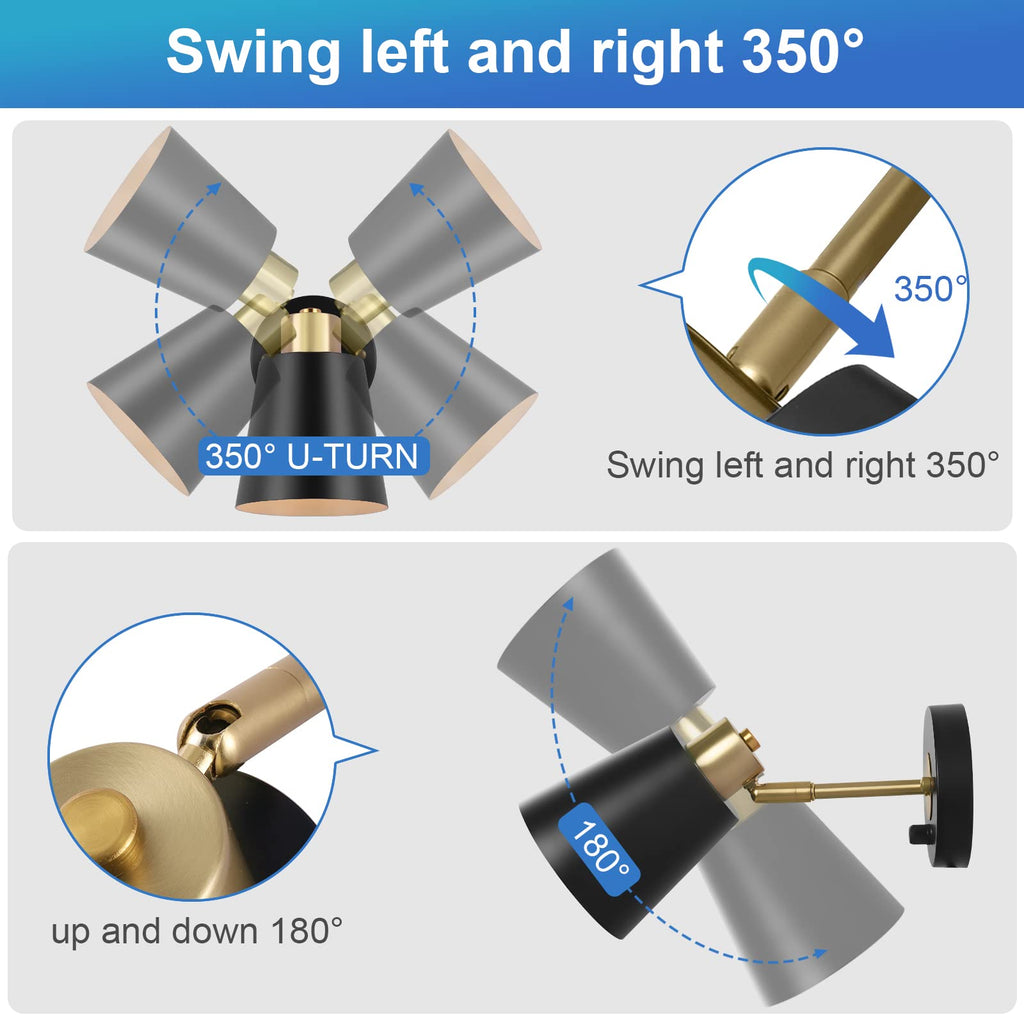 Wall Sconce Plug in, Dimmable Wall Sconces Adjustable Wall Lights with Plug in Cord and Dimmer On/Off Rotary Switch