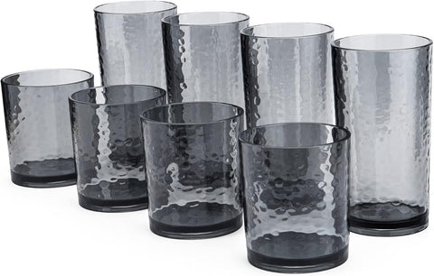 14-ounce and 20-ounce Acrylic Glasses Plastic Tumbler, set of 8 Smoky Grey - Hammered Style, Dishwasher Safe, BPA Free