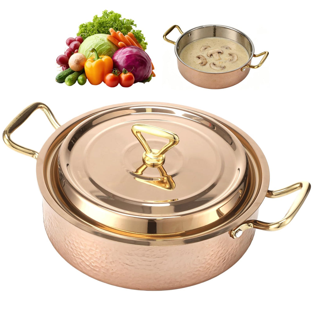 Hammered Copper Cookware with Lid, 10.2 in/4.2QT Rose Gold Stainless Steel Pot, Induction & Gas Compatible, Portable