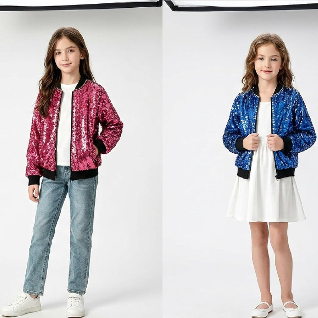 Kids Glitter Sequin Zip Up Bomber Jacket for Boy Girl Y2K Sparkly Back to School Party Coat Stage Performance Jackets