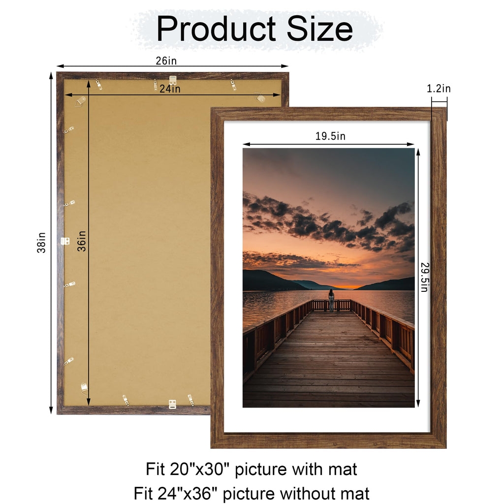 24x36 Poster Frame Set of 2, 24 x 36 Wood Picture Frames with Mat for 20x30, Wooden Photo Frame with Tempered Glass