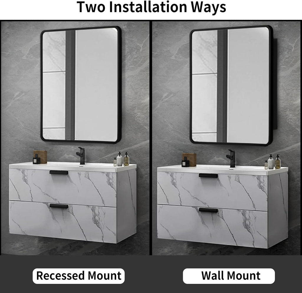 24 Inch x 30 Inch Black Metal Framed Bathroom Mirror Medicine Cabinet Rectangle Tilting Beveled Vanity Mirrors Recess