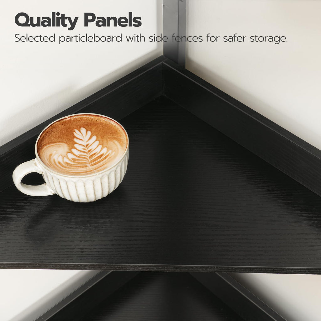 Corner Shelf with Storage, Tall Corner Storage Cabinet, 5-Tier Corner Bookshelf with Protective Fence, Black BB78CJ01