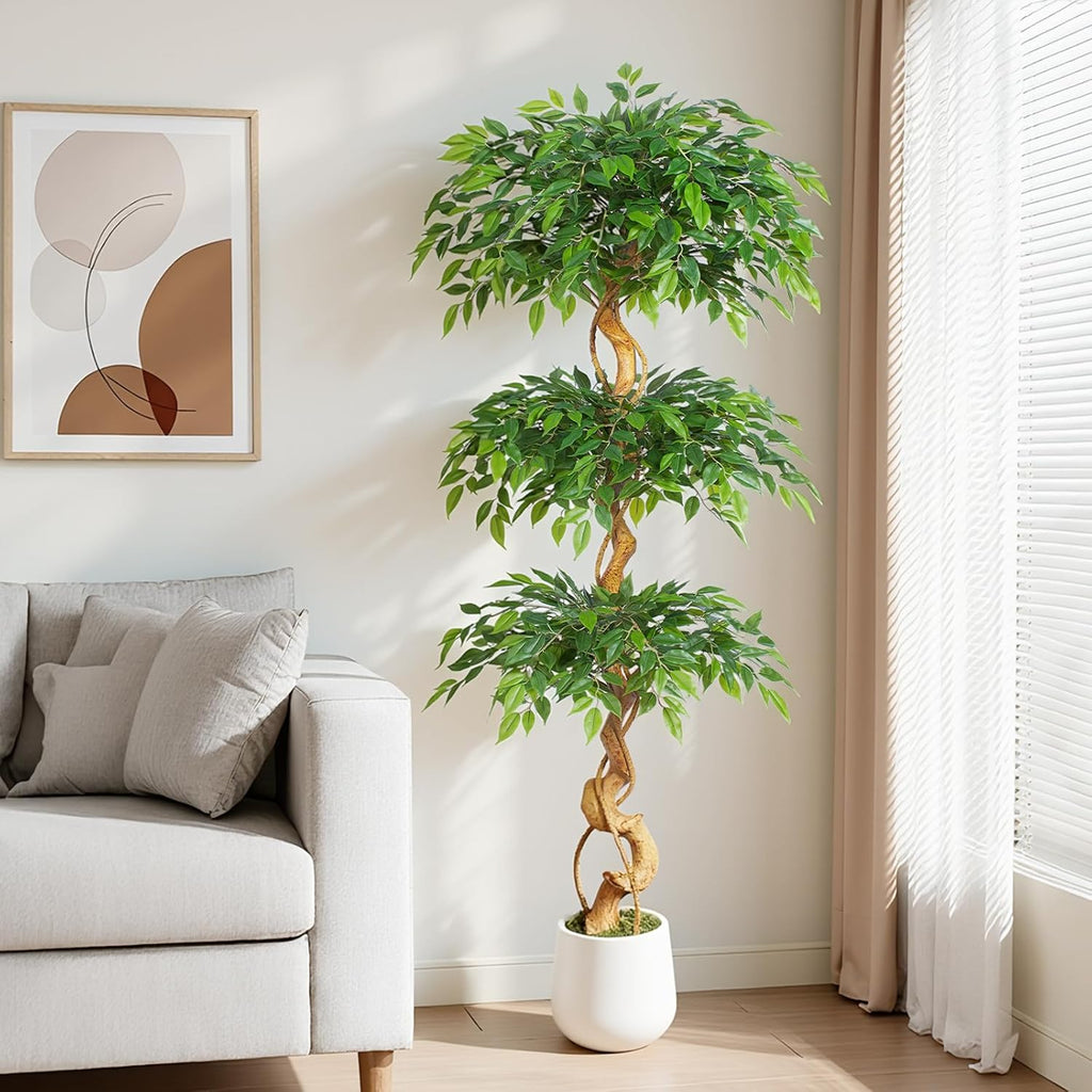 6ft Large Ficus Artificial Trees in White Pot, 72" Tall Fake Silk Tree with Natural Curved Trunk, Lush Faux Ficus