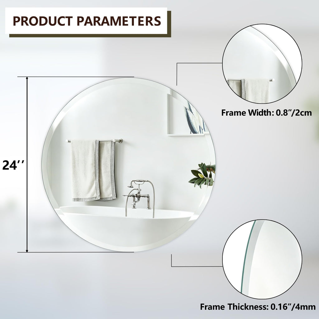 24 Inch Frameless Round Bathroom Mirror, Silver Beveled Edge Wall Mirror