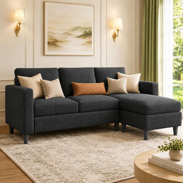 3-Seat Reversible Sectional Sofa with Ottoman, Small Couch, Grey