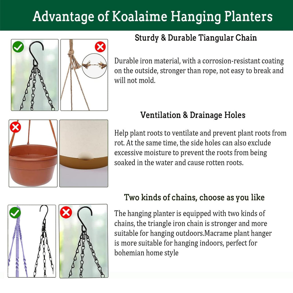 2 Pack Hanging Planters Set, 10 Inch Indoor Outdoor Hanging Plant Pot Basket, Hanging Flower Pot with Drainage Hole